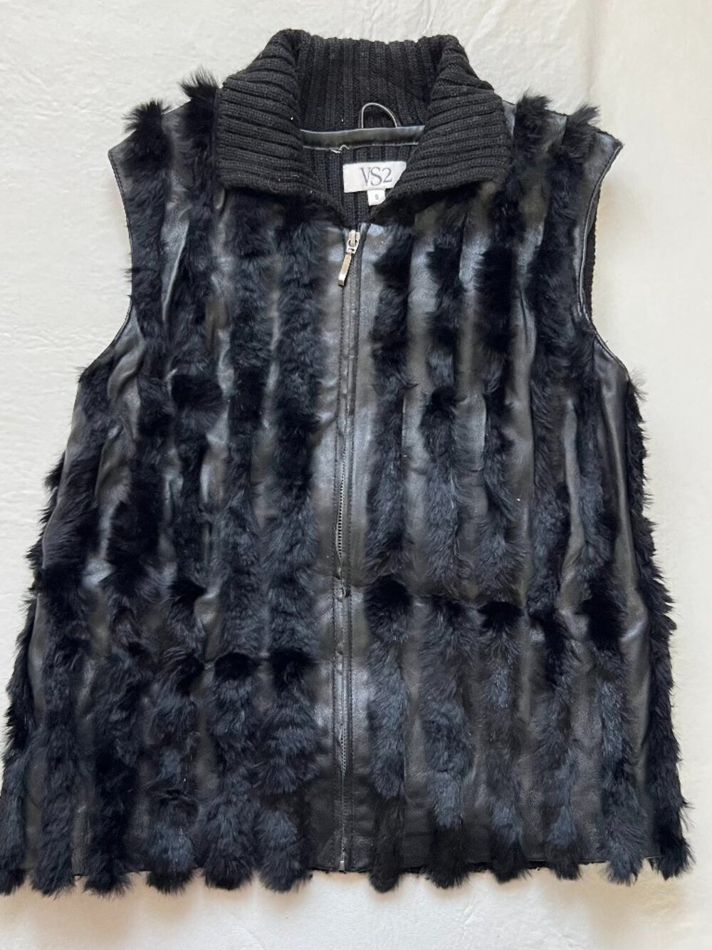 VS2 leather vest black knit rabbit fur zip up womens Small striped wool